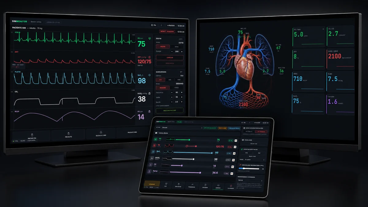 Monitor del paciente y monitor hemodinámico de Advanced SimMonitor con la tablet del instructor