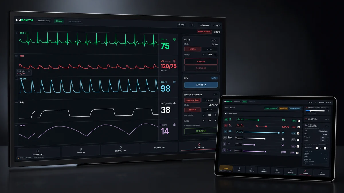 Monitor del paciente SimMonitor junto a la tablet del instructor sobre fondo de estudio oscuro
